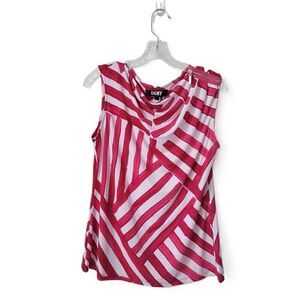DKNY Red White Striped Sleeveless Blouse Cowl Neck Zipper Detail Size Medium